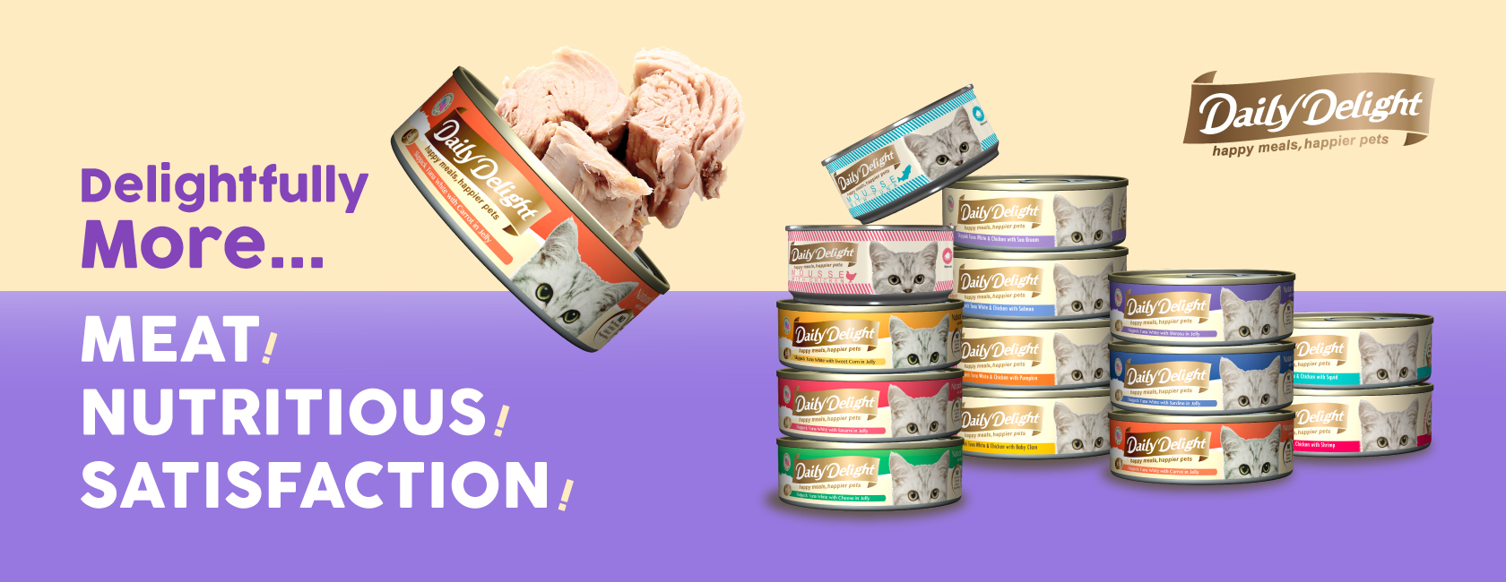 an image with a bunch of Daily Delight cat food products